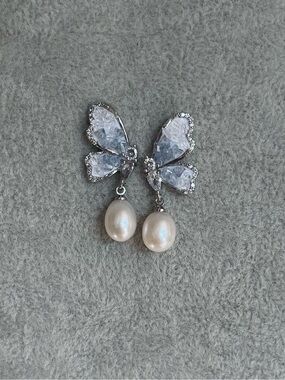 Freshwater Pearl Drop and Crystal Butterfly Earrings - 925 silver posts
